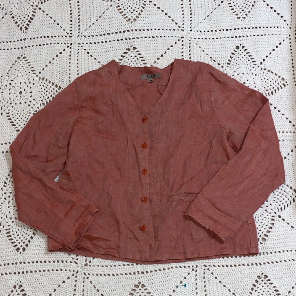 FLAX 100% Linen Orange Red Button Down Crewneck Long Sleeve Blouse Size M - Picture 2 of 9